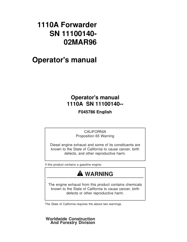John Deere 1110 Forwarders Operator's Manuals (F045786)