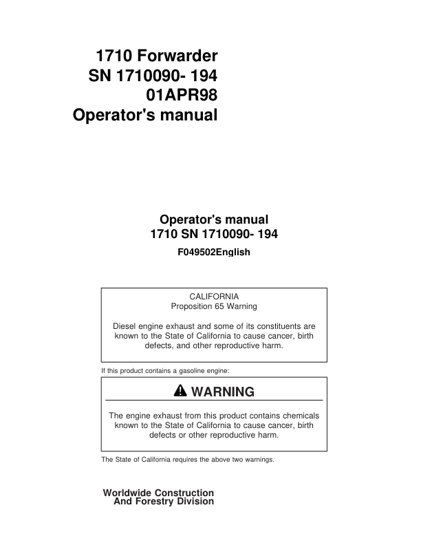 John Deere 1710 Forwarder Operator's Manuals (F049502)