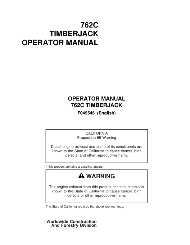 John Deere 762C Harvesting Heads Operator's Manuals (F049546)