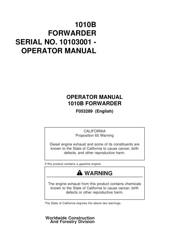 John Deere 1010B Forwarders Operator's Manuals (F053289)