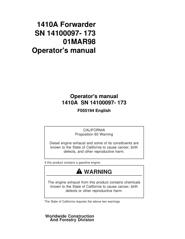 John Deere 1410 Forwarders Operator's Manuals (F055194)
