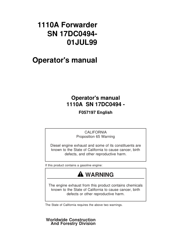John Deere 1110 Forwarders Operator's Manuals (F055197)