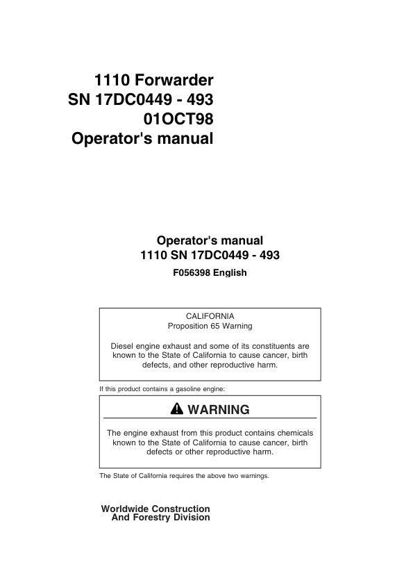 John Deere 1110 Forwarders Operator's Manuals (F056398)