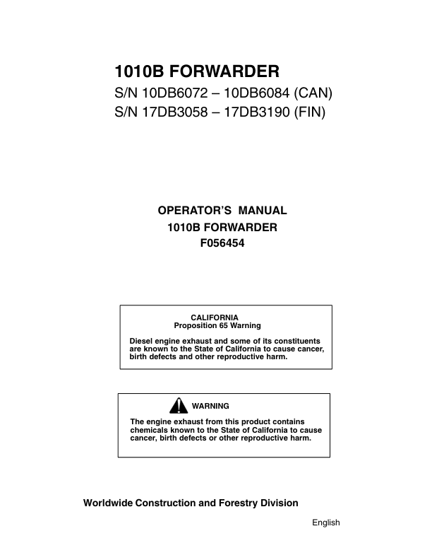 John Deere 1010B Forwarders Operator's Manuals (F056454)