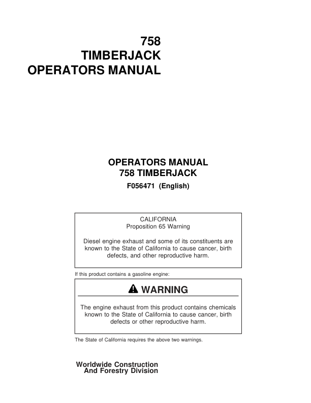 John Deere 758 Harvesting Heads Operator's Manuals (F056471)