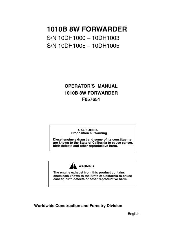 John Deere 1010B Forwarders Operator's Manuals (F057651)