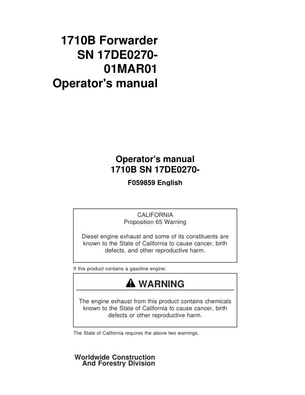 John Deere 1710B Forwarders Operator's Manuals (F059859)