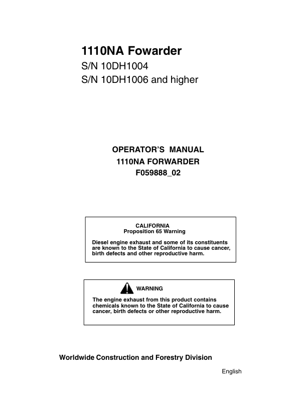 John Deere 1110NA Forwarders Operator's Manuals (F059888)