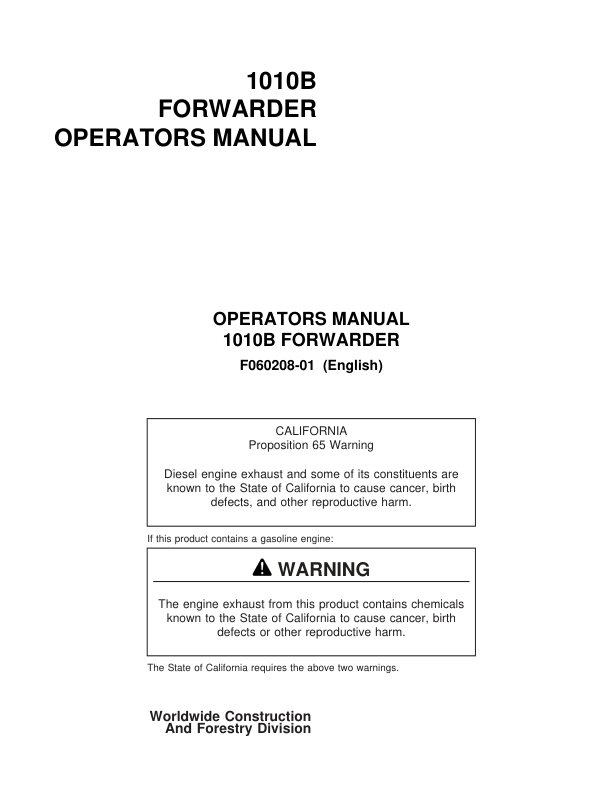 John Deere 1010B Forwarders Operator's Manuals (F060208)