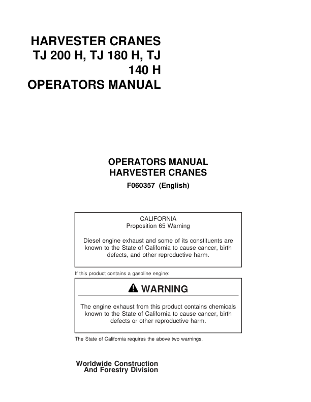John Deere TJ200H, TJ180H, TJ140H Forwarder Cranes Operator's Manuals (F060357)