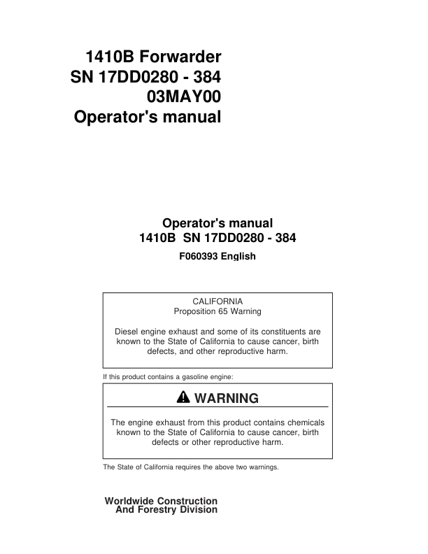 John Deere 1410B Forwarders Operator's Manuals (F060393)