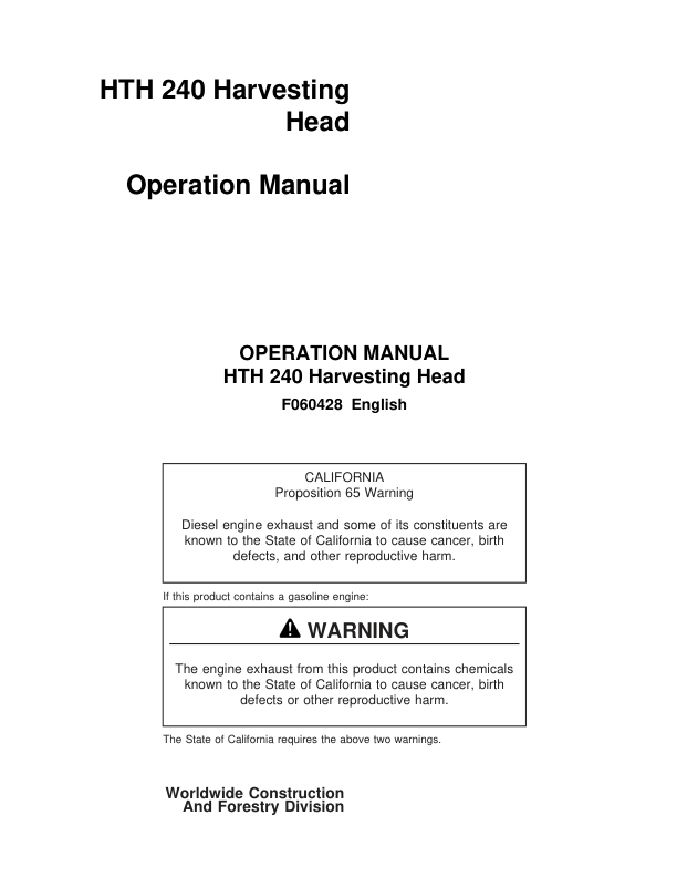 John Deere HTH240 Harvesting Heads Operator's Manuals (F060428)