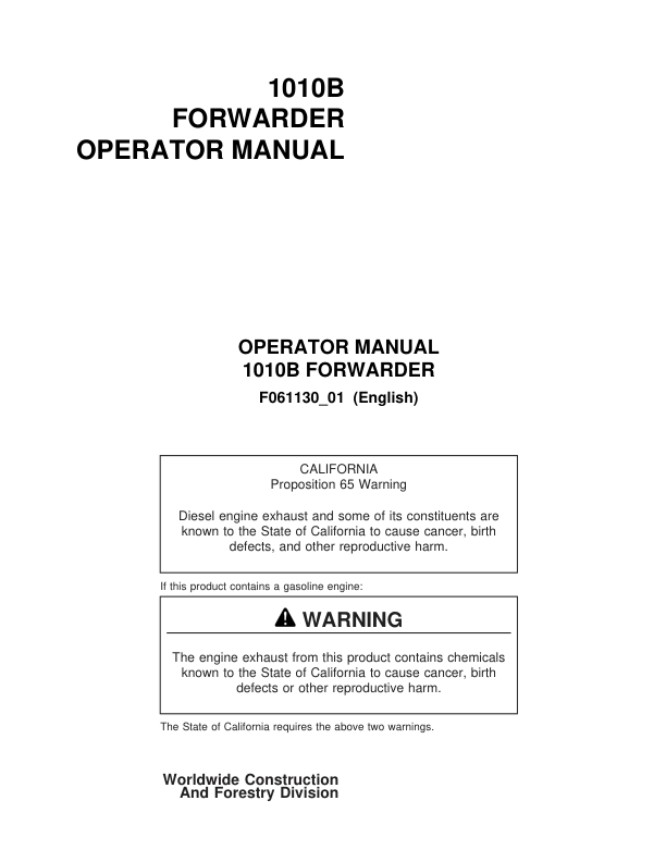 John Deere 1010B Forwarders Operator's Manuals (F061130)