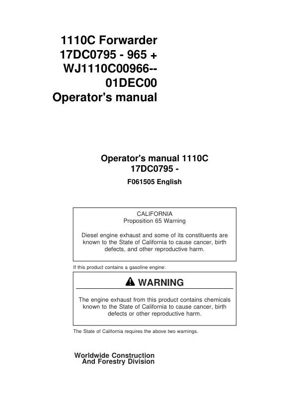 John Deere 1110C Forwarders Operator's Manuals (F061505)