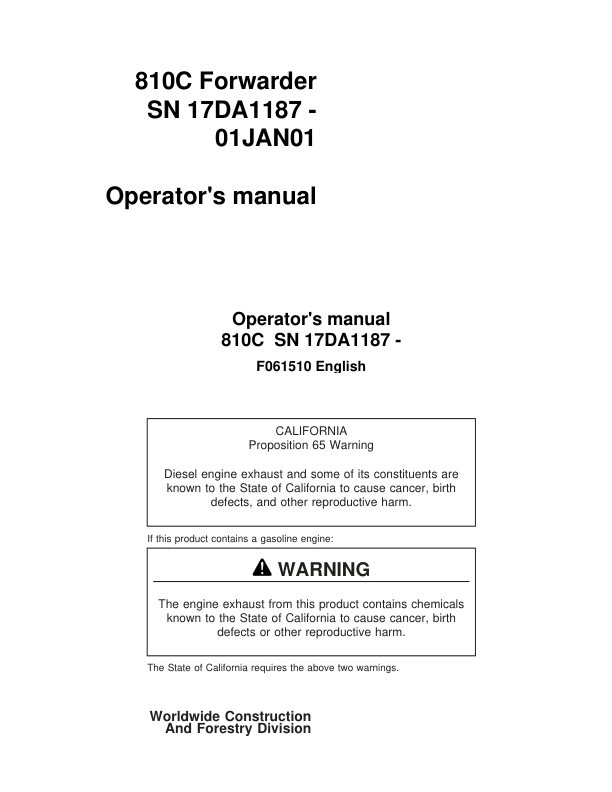John Deere 810C Forwarders Operator's Manuals (F061510)
