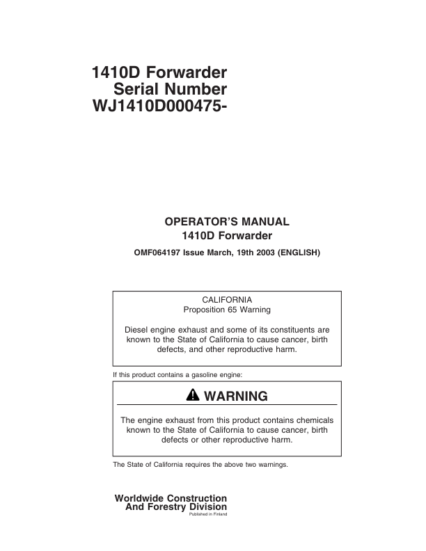 John Deere 1410D Forwarders Operator's Manuals (F064197)