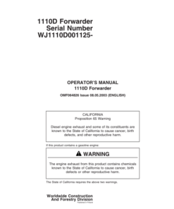 John Deere 1110D Forwarders Operator's Manuals (F064826)