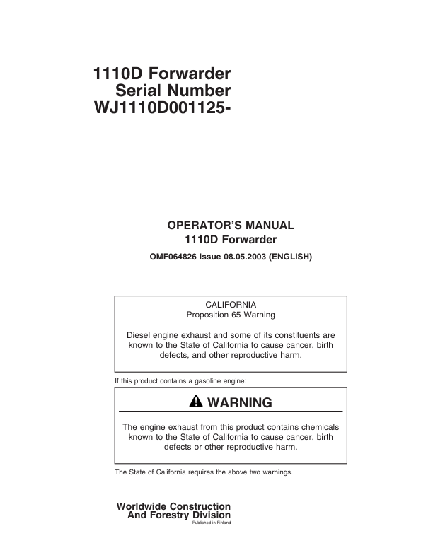 John Deere 1110D Forwarders Operator's Manuals (F064826)