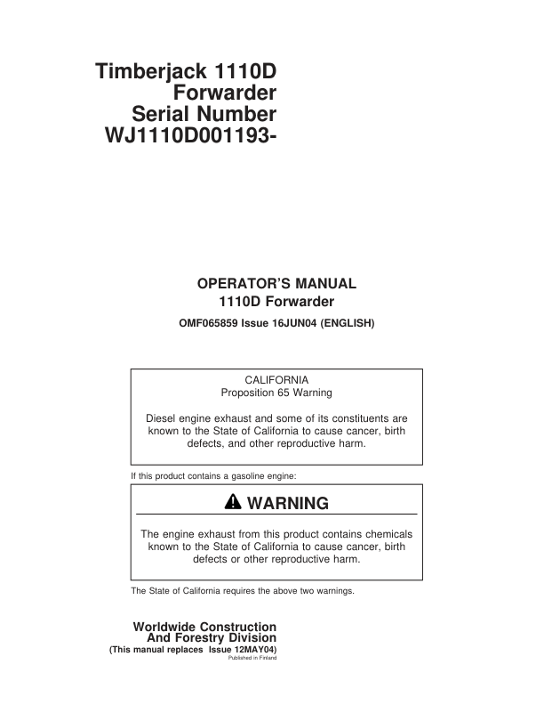 John Deere 1110D Forwarders Operator's Manuals (F065859)