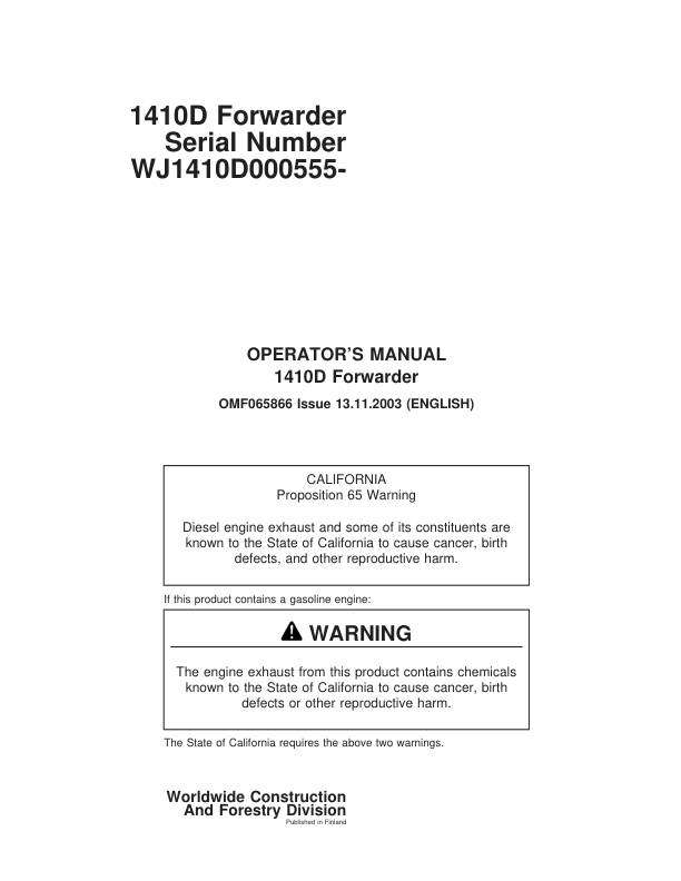 John Deere 1410D Forwarders Operator's Manuals (F065866)