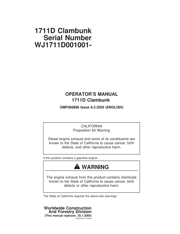 John Deere 1711D Clambunk Operator's Manuals (F066886)