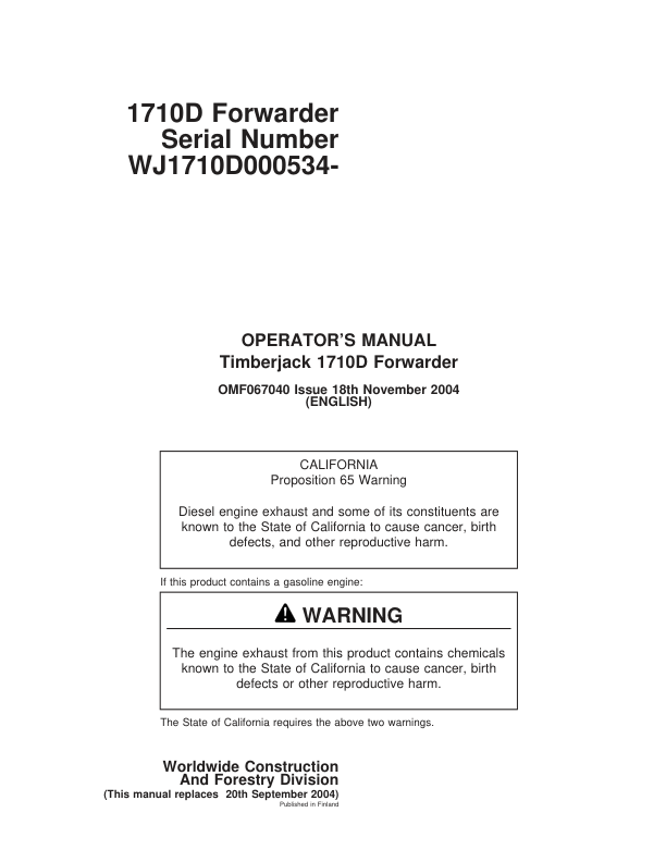 John Deere 1710D Forwarders Operator's Manuals (F067040)