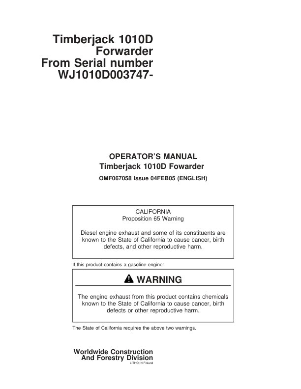 John Deere 1010D Forwarders Operator's Manuals (F067058)