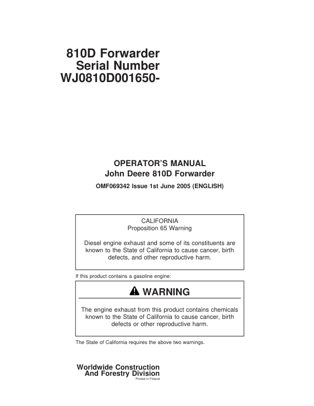 John Deere 810D Forwarders Operator's Manuals (F069342)