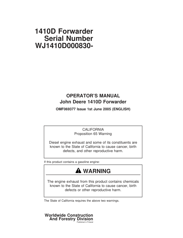 John Deere 1410D Forwarders Operator's Manuals (F069377)