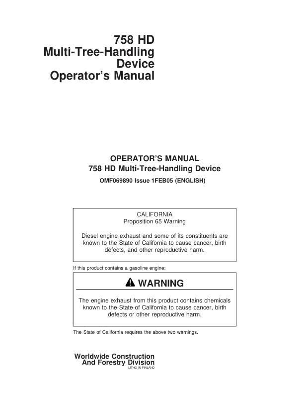 John Deere 758HD Harvesting Heads Operator's Manuals (F069890)
