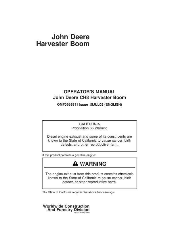 John Deere CH8 Booms Operator's Manuals (F069911)