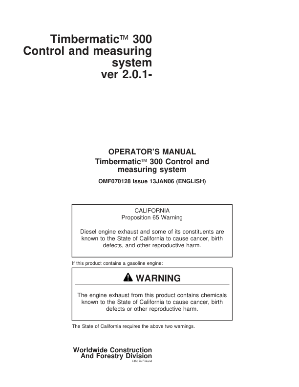 John Deere TIMBERMATIC 300 TIMBERJACK Measuring And Control Systems Operator's Manuals (F070128)