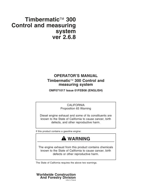 John Deere TIMBERMATIC 300 TIMBERJACK Measuring And Control Systems Operator's Manuals (F071017)