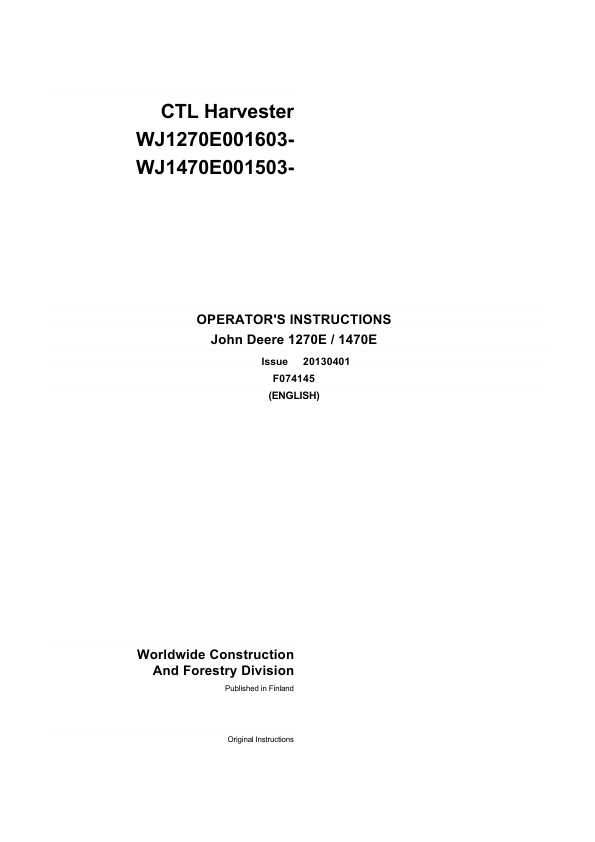 John Deere 1270E T3, 1470E T3 Wheeled Harvesters Operator's Manuals (F074145)