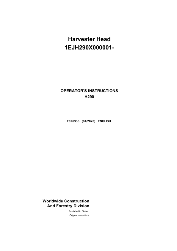John Deere H290 Harvesting Heads Operator's Manuals (F076333)