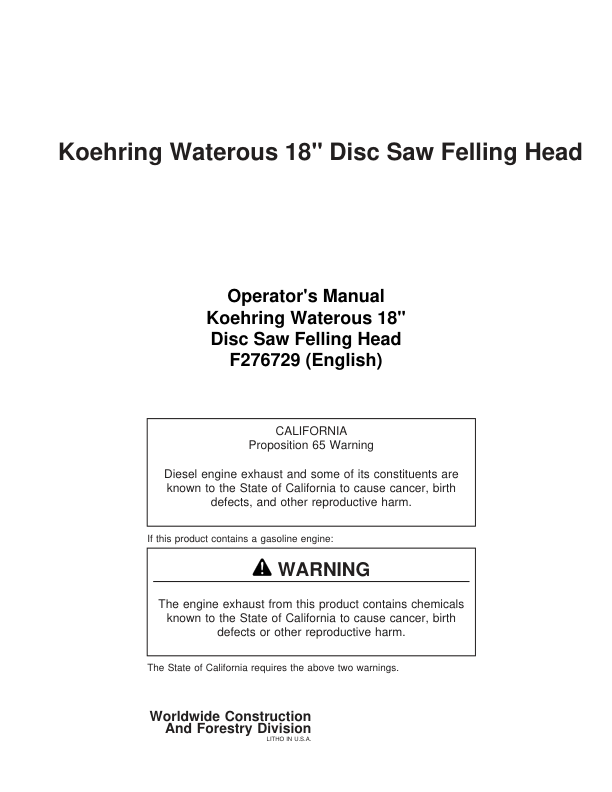 John Deere 18 INCH Dtt Disc Saw Felling Heads Operator's Manuals (F276729)