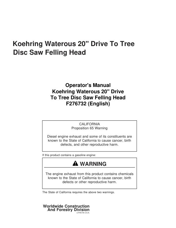 John Deere 20 INCH Dtt Disc Saw Felling Heads Operator's Manuals (F276732)