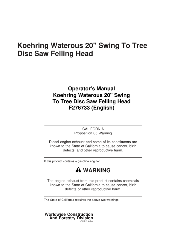 John Deere 20 INCH Stt Disc Saw Felling Heads Operator's Manuals (F276733)
