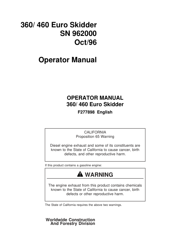 John Deere 360, 460 Skidders Operator's Manuals (F277898)