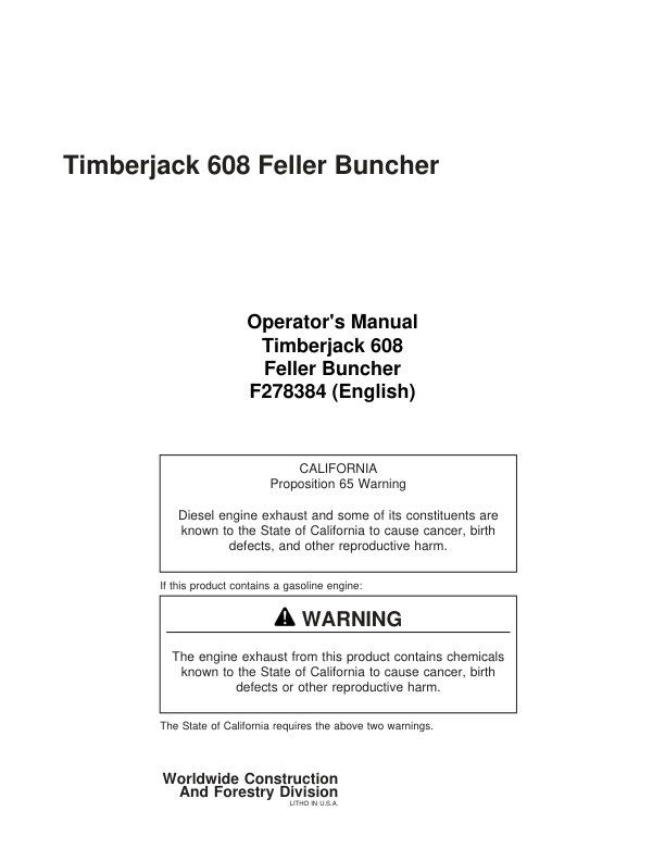 John Deere 608 Tracked Harvesters Operator's Manuals (F278384)