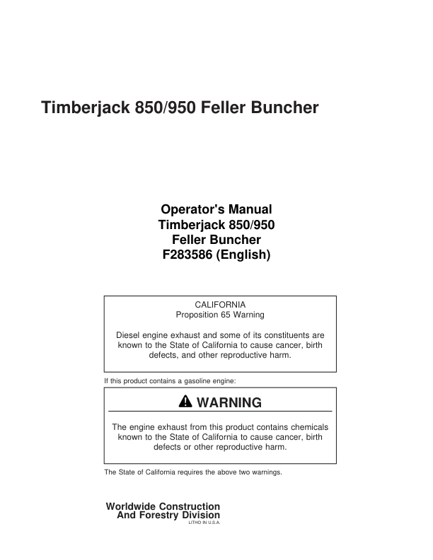 John Deere 850, 950 Tracked Feller Bunchers Operator's Manuals (F283586)