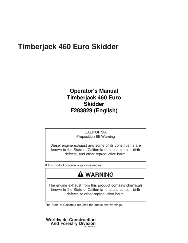 John Deere 460 EURO Skidders Operator's Manuals (F283829)