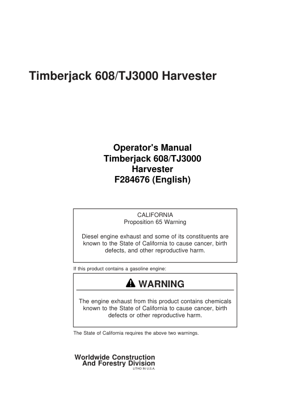 John Deere 608 Tracked Harvesters Operator's Manuals (F284676)