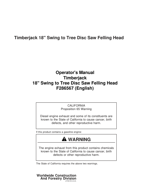 John Deere 18 INCH Stt Disc Saw Felling Heads Operator's Manuals (F286567)