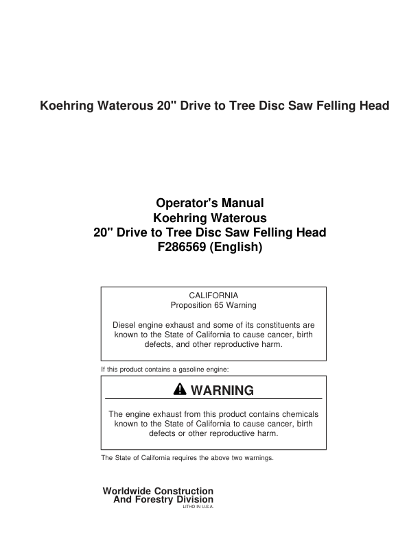 John Deere 20 INCH Dtt Disc Saw Felling Heads Operator's Manuals (F286569)