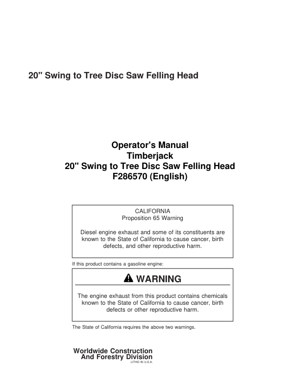 John Deere 20 INCH Stt Disc Saw Felling Heads Operator's Manuals (F286570)