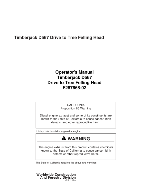 John Deere D567 Dtt Disc Saw Felling Heads Operator's Manuals (F287668)