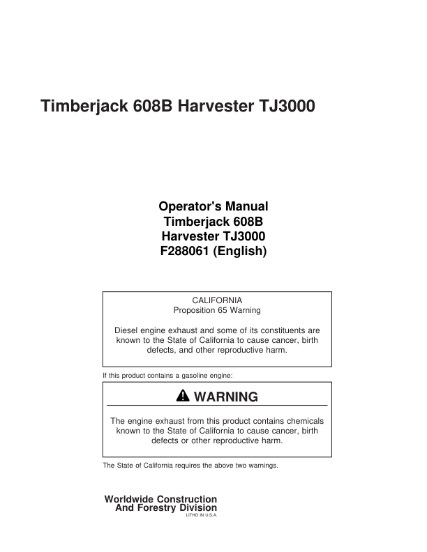 John Deere 608B Tracked Harvesters Operator's Manuals (F288061)