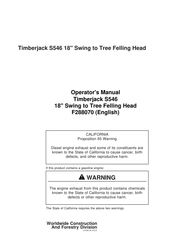 John Deere S546 Stt Disc Saw Felling Heads Operator's Manuals (F288070)