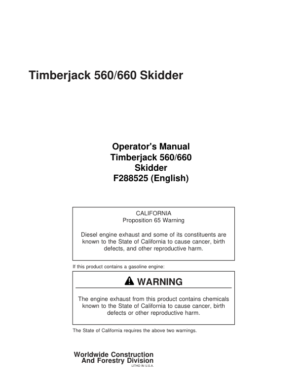 John Deere 560, 660 Skidders Operator's Manuals (F288525)
